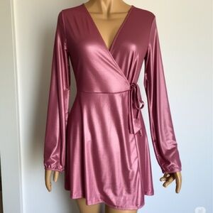 Francesca's Collections Pink Wrap Sheath Dress with Bishop Sleeves